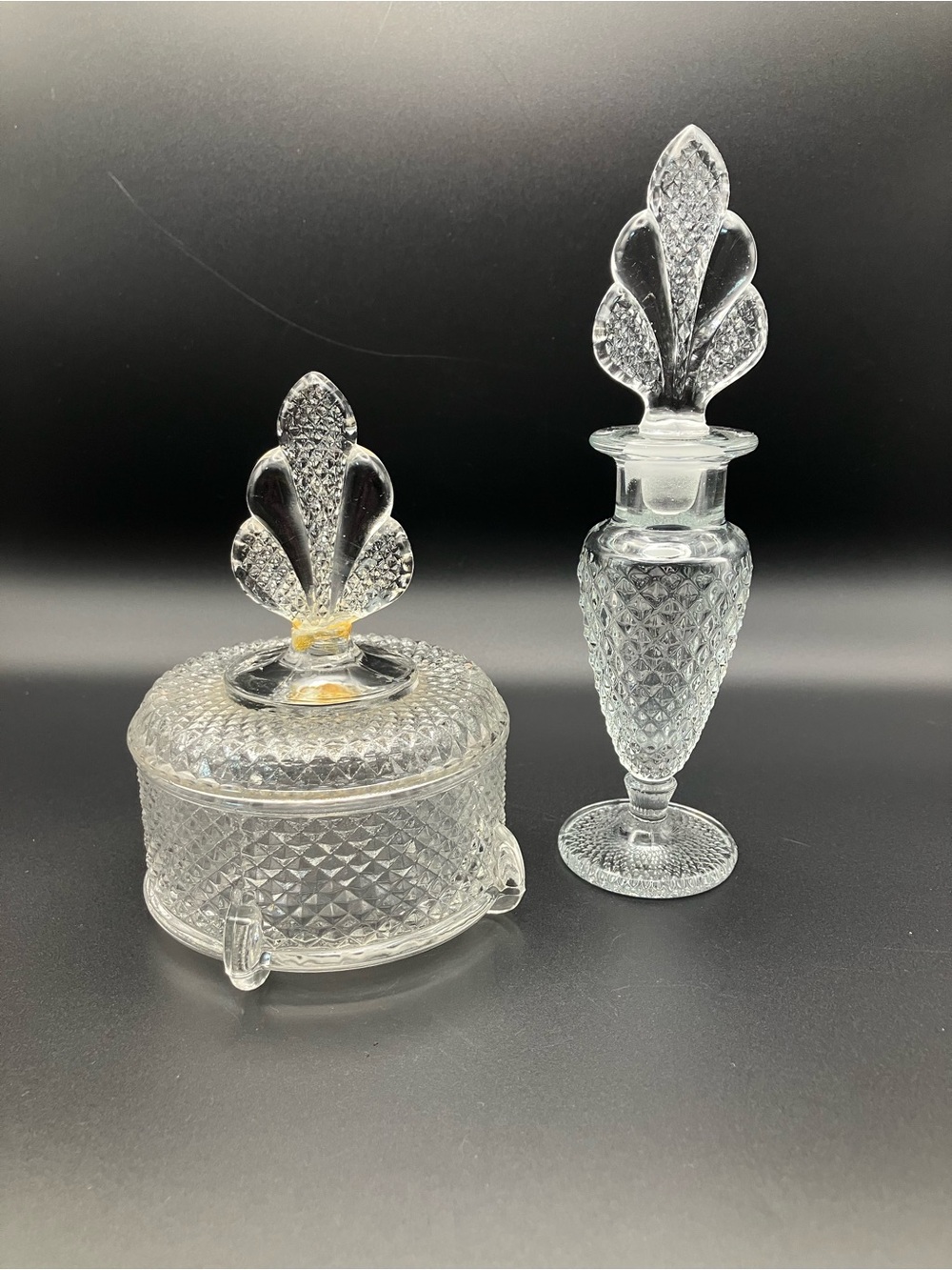 Art Deco Clear Cut Glass Vanity Jar and Perfume Bottle Set - Crystal Clear